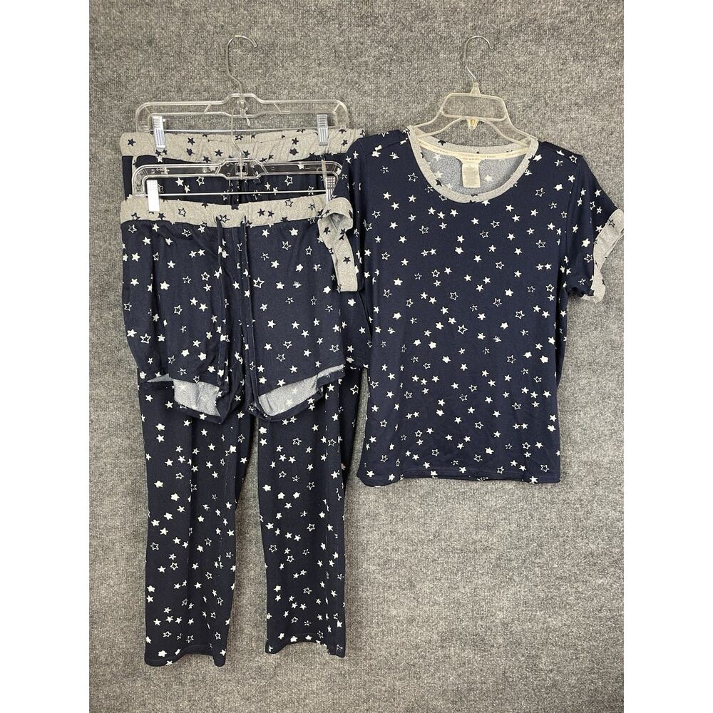 Lucky Brand 3 Piece‎ Pajama Set -Navy Blue w White Stars Tee~Shorts~Pants Medium